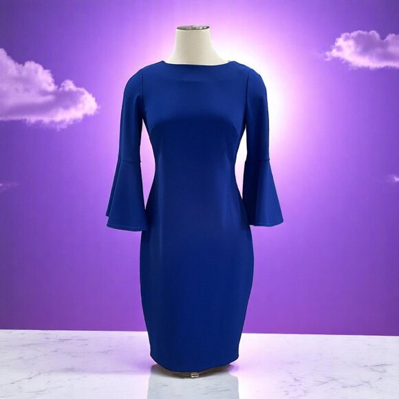 Calvin Klein Blue Bell Sleeve Sheath Dress Size 6 Stretch Midi Work Party - Picture 1 of 11